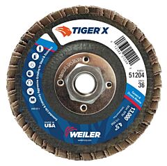 Weiler 51204 Tiger® X Flap Disc, 4-1/2 In Angled, 36 Grit, 5/8 In To 11 Arbor