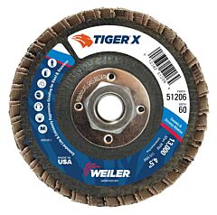 Weiler 51206 Tiger® X Flap Disc, 4-1/2 In Angled, 60 Grit, 5/8 In To 11 Arbor