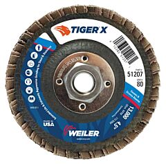 Weiler 51207 Tiger® X Flap Disc, 4-1/2 In Angled, 80 Grit, 5/8 In To 11 Arbor