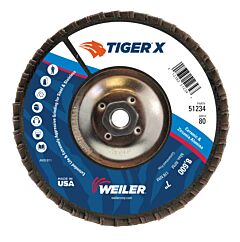 Weiler 51234 Tiger® X Flap Disc, 7 In Flat, 80 Grit, 5/8 In - 11 Arbor