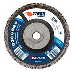 Weiler 51309 Tiger Angled Flap Disc, 5 In Dia, 40 Grit, 5/8 In-11 Arbor, 12000 Rpm