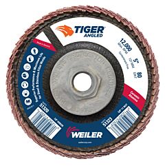 Weiler 51323 Tiger Angled Flap Disc, 5 In Dia, 80 Grit, 5/8 In-11 Arbor, 12000 Rpm