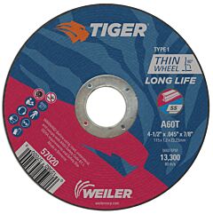 Weiler 57020 Tiger® Ao Cutting Wheel, 4-1/2 In Dia X 0.045 In Thick, 7/8 In Arbor, A60T, Type 1