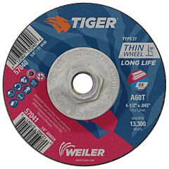 Weiler 57040 Tiger® Ao Cutting Wheel, 4-1/2 In Dia X 0.045 In Thick, 5/8 In-11 Unc Arbor, A60T, Type 27