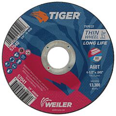 Weiler 57041 Tiger® Ao Cutting Wheel, 4-1/2 In Dia X 0.045 In Thick, 7/8 In Arbor, A60T, Type 27