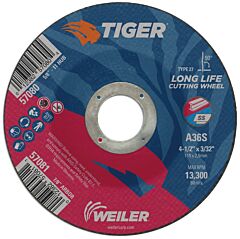 Weiler 57081 Tiger® Ao Cutting Wheel, 4-1/2 In Dia X 3/32 In Thick, 7/8 In Arbor, A36S, Type 27