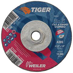 Weiler 57100 Tiger® Ao Type 27 Cut/Grind Combo Wheel, 4-1/2 In Dia X 1/8 In Thick, 5/8 In-11 Dia Arbor, A30S