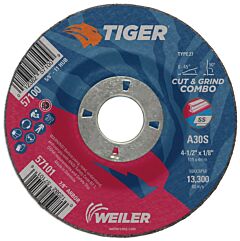 Weiler 57101 Tiger® Ao Type 27 Cut/Grind Combo Wheel, 4-1/2 In Dia X 1/8 In Thick, 7/8 In Dia Arbor, A30S