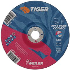 Weiler 57105 Tiger® Ao Type 27 Cut/Grind Combo Wheel, 7 In Dia X 1/8 In Thick, 7/8 In Dia Arbor, A30S