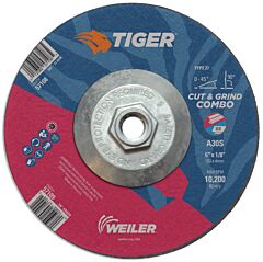 Weiler 57108 Tiger® Ao Type 27 Cut/Grind Combo Wheel, 6 In Dia X 1/8 In Thick, 5/8 In-11 Dia Arbor, A30S