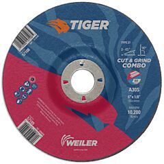 Weiler 57109 Tiger® Ao Type 27 Cut/Grind Combo Wheel, 6 In Dia X 1/8 In Thick, 7/8 In Dia Arbor, A30S