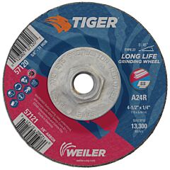 Weiler 57120 Tiger® Ao Grinding Wheel, 4-1/2 In Dia X 1/4 In Thick, 5/8 In-11 Unc Arbor, A24R, Type 27