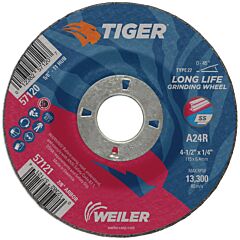 Weiler 57121 Tiger® Ao Grinding Wheel, 4-1/2 In Dia X 1/4 In Thick, 7/8 In Arbor, A24R, Type 27
