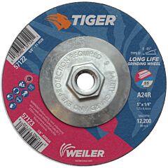 Weiler 57122 Tiger® Ao Grinding Wheel, 5 In Dia X 1/4 In Thick, 5/8 In-11 Unc Arbor, A24R, Type 27