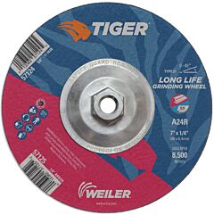 Weiler 57124 Tiger® Ao Grinding Wheel, 7 In Dia X 1/4 In Thick, 5/8 In-11 Unc Arbor, A24R, Type 27