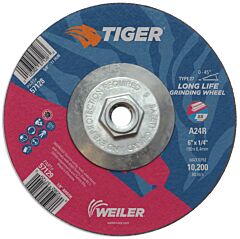 Weiler 57128 Tiger® Ao Grinding Wheel, 6 In Dia X 1/4 In Thick, 5/8 In-11 Unc Arbor, A24R, Type 27