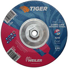 Weiler 57134 Tiger® Ao Grinding Wheel, 7 In Dia X 1/4 In Thick, 5/8 In-11 Unc Arbor, A24R, Type 28