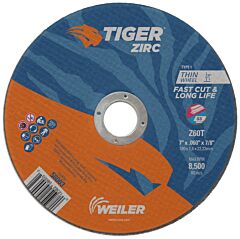 Weiler 58003 Tiger® Zirc Cutting Wheel, 7 In Dia, 0.060 In Thick, 7/8 In Arbor, Zirconia Alumina, Type 1, Z60T