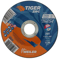 Weiler 58020 Tiger® Zirc Cutting Wheel, 4-1/2 In Dia, 0.045 In Thick, 7/8 In Arbor, Zirconia Alumina, Type 27, Z60T