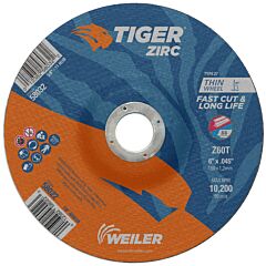 Weiler 58022 Tiger® Zirc Cutting Wheel, 6 In Dia, 0.045 In Thick, 7/8 In Arbor, Zirconia Alumina, Type 27, Z60T