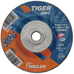 Weiler 58050 Tiger® Zirc Type 27 Cut/Grind Combo Wheel, 4-1/2 In Dia X 1/8 In Thick, 5/8 In-11 Dia Arbor, Z30T