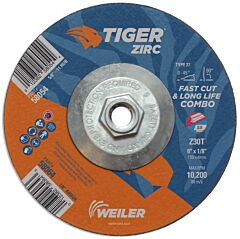 Weiler 58054 Tiger® Zirc Type 27 Cut/Grind Combo Wheel, 6 In Dia X 1/8 In Thick, 5/8 In-11 Dia Arbor, Z30T