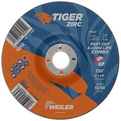 Weiler 58064 Tiger® Zirc Type 27 Cut/Grind Combo Wheel, 6 In Dia X 1/8 In Thick, 7/8 In Dia Arbor, Z30T