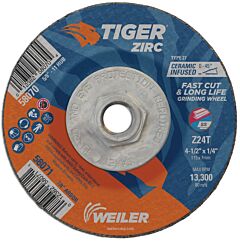 Weiler 58070 Tiger® Zirc Grinding Wheel, 4-1/2 In Dia X 1/4 In Thick X 5/8 In-11 Unc Arbor, Ceramic/Zirconia Alumina, Type 27, Z24T