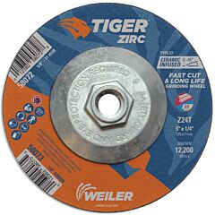 Weiler 58072 Tiger® Zirc Grinding Wheel, 5 In Dia X 1/4 In Thick X 5/8 In-11 Unc Arbor, Ceramic/Zirconia Alumina, Type 27, Z24T