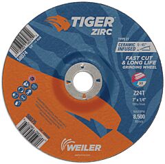 Weiler 58075 Tiger® Zirc Grinding Wheel, 7 In Dia X 1/4 In Thick X 7/8 In Arbor, Ceramic/Zirconia Alumina, Type 27, Z24T