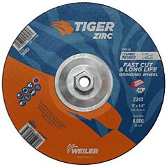 Weiler 58082 Tiger® Zirc Grinding Wheel, 9 In Dia X 1/4 In Thick X 5/8 In-11 Unc Arbor, Ceramic/Zirconia Alumina, Type 28, Z24T