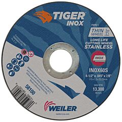 Weiler 58100 Tiger™ Inox Thin Cutting Wheel, 4-1/2 In Diameter, .045 In Thick, 7/8 In Arbor