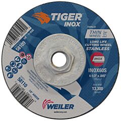 Weiler 58109 Tiger™ Inox Thin Cutting Wheel, 4.5 In Diameter., 0.045" Thick, 60 Grit, Aluminum Oxide