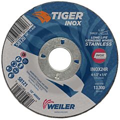 Weiler 58121 Tiger® Inox Grinding Wheel, 4-1/2 In Dia, 1/4 In Thick, 7/8 In Arbor