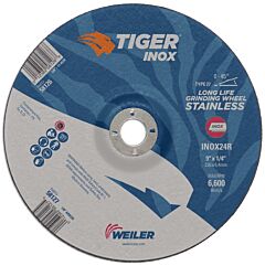 Weiler 58127 Tiger Inox Grinding Wheels, 9 In Dia., 1/4 In Thick, 7/8 In Arbor, 24 Grit