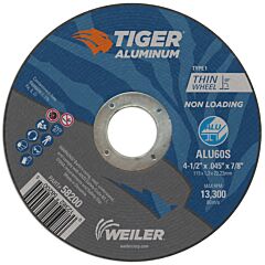 Weiler 58200 Aluminum Cutting Wheel, 4.5 In Diameter, 7/8 In Arbor, Type 1, 60 Grit, Ao