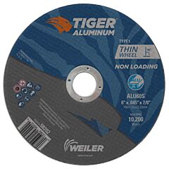 Weiler 58202 Aluminum Cutting Wheels, 6 In Dia., 7/8 In Arbor, Type 1, 60 Grit, Alum. Oxide