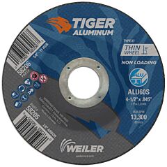 Weiler 58205 Aluminum Cutting Wheel, 4.5 In Diameter, 7/8 In Arbor, Type 27, 60 Grit, Ao