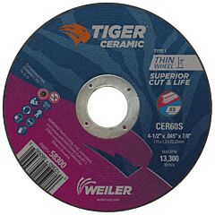 Weiler 58300 Tiger™ Ceramic Cutting Wheel, 4.5 In Diameter, 0.045In Thick, 24/Bx