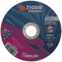Weiler 58301 Tiger™ Ceramic Cutting Wheel, Type 1, 5 In Diameter., 0.045 In Thick, 7/8 In Arbor