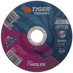Weiler 58307 Tiger™ Ceramic Cutting Wheel, Type 27, 5 In Diameter., 0.045 In Thick, 7/8 In Arbor