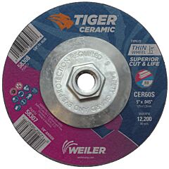 Weiler 58308 Tiger Ceramic Cutting Wheels, 5" Dia., 0.045" Thick, 60 Grit, Ceramic Alumina