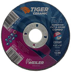 Weiler 58315 Tiger Ceramic Combo Wheels, 4.5 In Dia, 1/8 In Thick, 7/8 In Arbor, 24/Bx