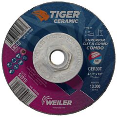 Weiler 58316 Tiger Ceramic Combo Wheels, 4.5 In Dia, 1/8 In Thick, 5/8 In Arbor,10/Bx