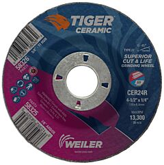 Weiler 58325 Tiger® Ceramic Grinding Wheel, 4-1/2 In Dia, 1/4 In Thick, 7/8 In Arbor, 24 Grit