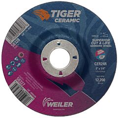 Weiler 58327 Tiger® Ceramic Grinding Wheels, 5 In Dia., 1/4 In Thick, 7/8 In Arbor, 24 Grit