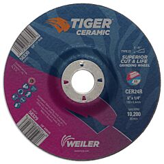 Weiler 58329 Tiger® Ceramic Grinding Wheels, 6 In Dia., 1/4 In Thick, 7/8 In Arbor, 24 Grit