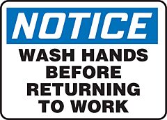Accuform Mrst812Va Safety Sign, 7" X 10", Notice Wash Hands Before Returning To Work, Aluminum, 1/Each