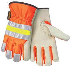 Mcr Safety 32111S Gloves, Luminator Hi-Vis, Grain Cow, Orange Reflective Fabric Back, Size Small, Pack Of 12 Pairs