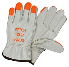 Mcr Safety 3213Hvixl Gloves, Ind Grd Cow Grain Driver, Keystone, Orange Hi-Viz Fingertips And "Watch Your Hands" Logo, Size X-Large, Pack Of 12 Pairs